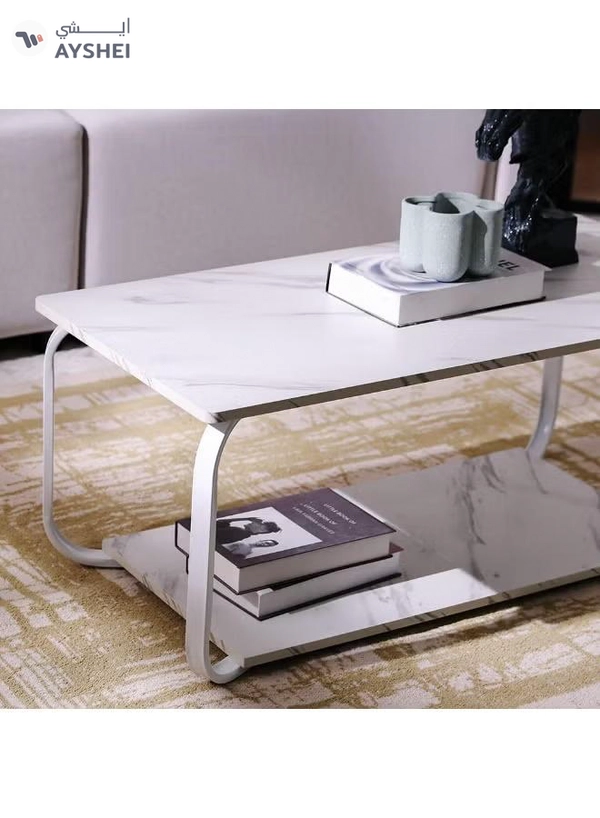 DubaiGallery Elegant White Marble Finish Coffee Table with Lower Storage Shelf, Durable Metal Legs, Contemporary Rectangular Center Table for Living Room, Apartment, Office or Waiting Area