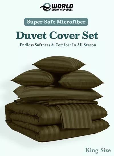 Eworld Premium Striped Duvet Set All Season – 6-Pieces Set Olive Green | King Size 220x240 cm | Ultra-Soft, Wrinkle-Resistant & Made in Dubai | Includes Duvet Cover, Fitted Sheet (200x200 cm) & 4 Pillowcases (50x70 cm)-3
