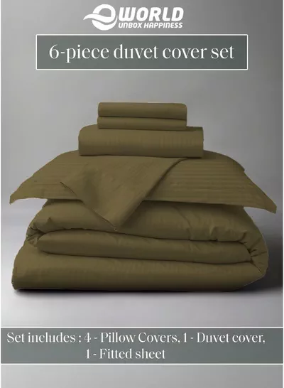 Eworld Premium Striped Duvet Set All Season – 6-Pieces Set Olive Green | King Size 220x240 cm | Ultra-Soft, Wrinkle-Resistant & Made in Dubai | Includes Duvet Cover, Fitted Sheet (200x200 cm) & 4 Pillowcases (50x70 cm)-2