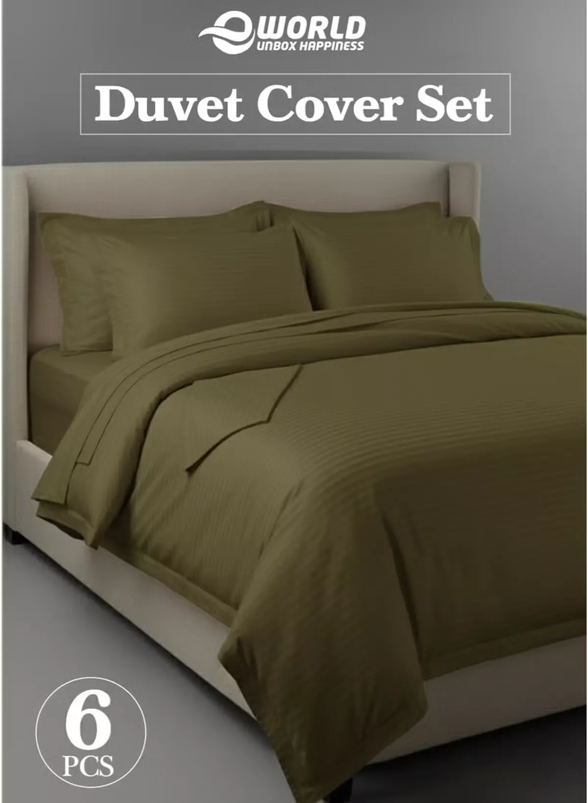 Eworld Premium Striped Duvet Set All Season – 6-Pieces Set Olive Green | King Size 220x240 cm | Ultra-Soft, Wrinkle-Resistant & Made in Dubai | Includes Duvet Cover, Fitted Sheet (200x200 cm) & 4 Pillowcases (50x70 cm)