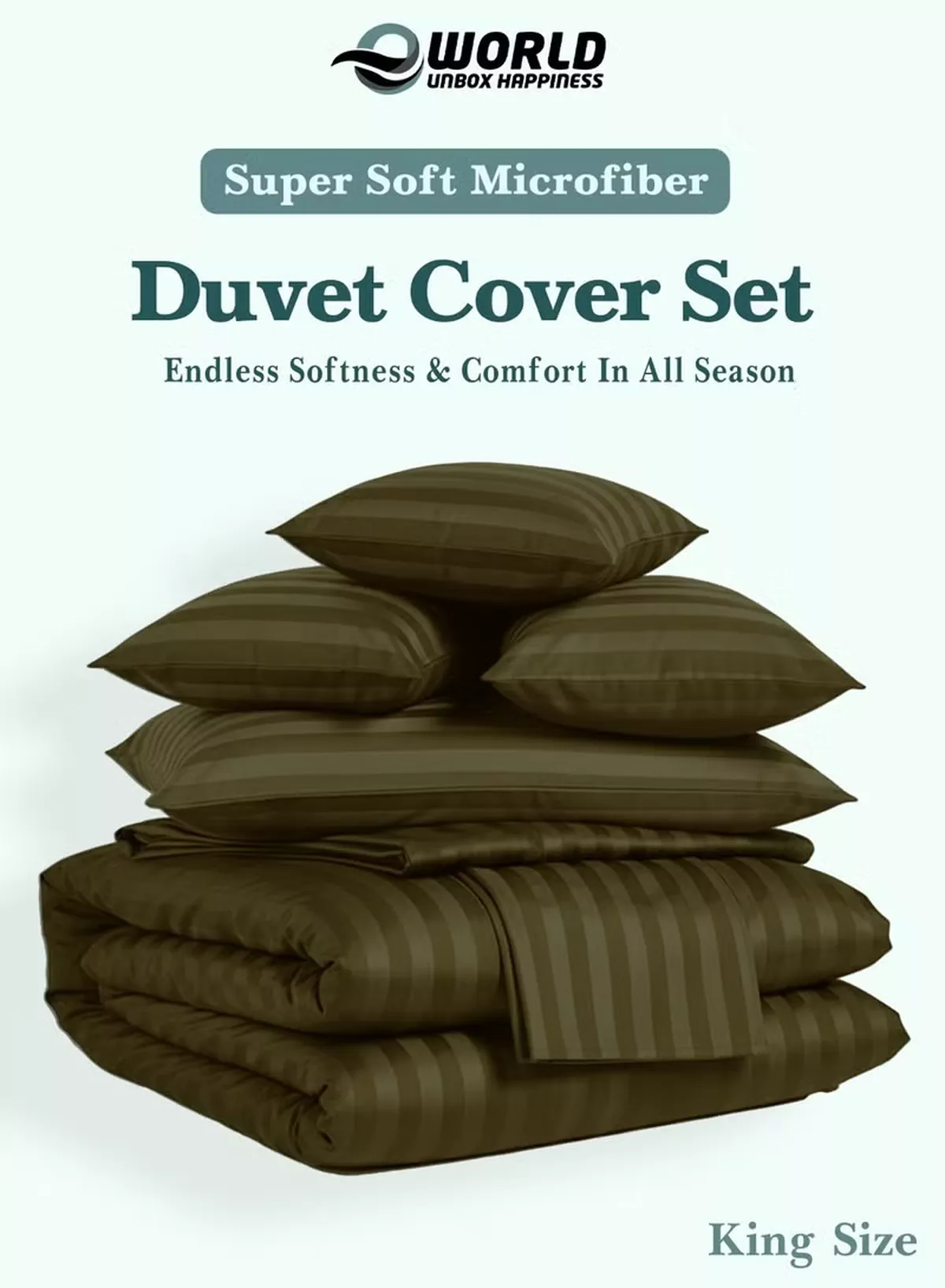 Eworld Premium Striped Duvet Set All Season – 6-Pieces Set Olive Green | King Size 220x240 cm | Ultra-Soft, Wrinkle-Resistant & Made in Dubai | Includes Duvet Cover, Fitted Sheet (200x200 cm) & 4 Pillowcases (50x70 cm)-3-3