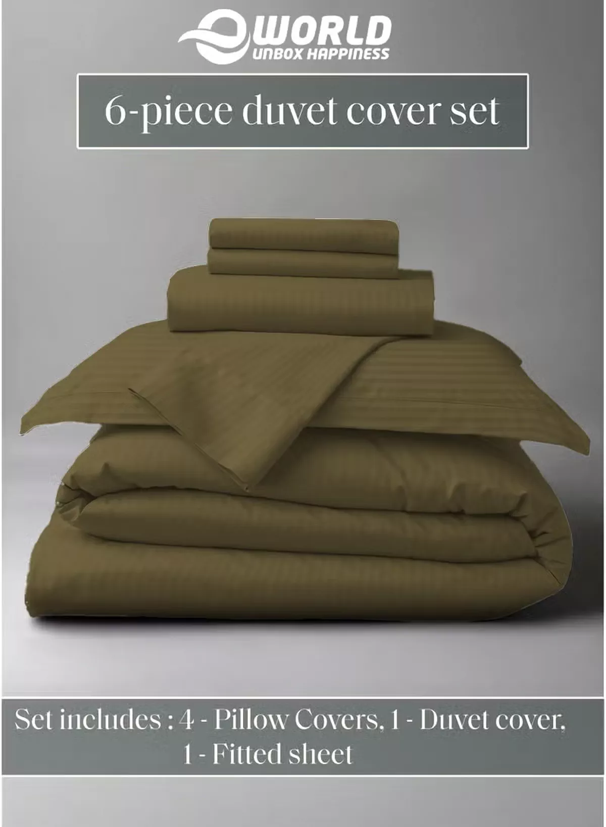 Eworld Premium Striped Duvet Set All Season – 6-Pieces Set Olive Green | King Size 220x240 cm | Ultra-Soft, Wrinkle-Resistant & Made in Dubai | Includes Duvet Cover, Fitted Sheet (200x200 cm) & 4 Pillowcases (50x70 cm)-2-2