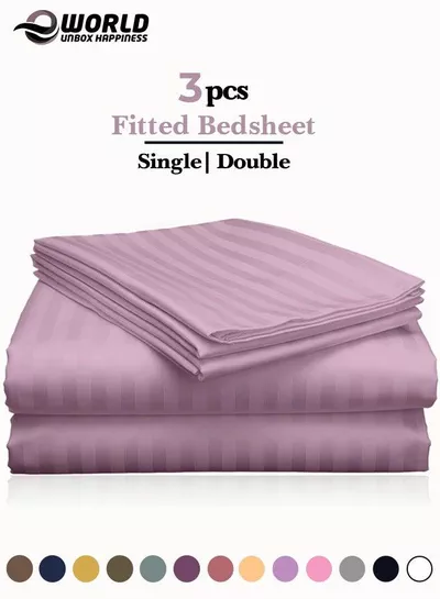 3 Piece Luxury Pink Striped Bed Sheet Set with 1 Deep Pocket Fitted Sheet and 2 Pillowcases for Hotel and Home Crafted from Ultra Soft and Breathable Microfiber for Year-Round Comfort (Single/Double)-0