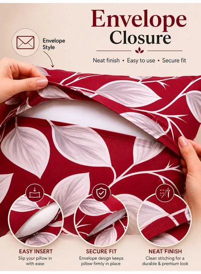 Set of 2 100% Cotton Printed Pillow Covers, Festive Red Honeycomb Leaf Design, 125 GSM Fabric, Soft & Breathable, Envelope Closure, Fade Resistant & Machine Washable – 50 x 75 cm-2