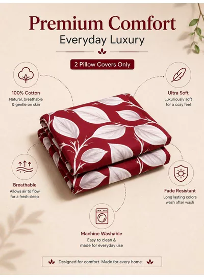 Set of 2 100% Cotton Printed Pillow Covers, Festive Red Honeycomb Leaf Design, 125 GSM Fabric, Soft & Breathable, Envelope Closure, Fade Resistant & Machine Washable – 50 x 75 cm-4