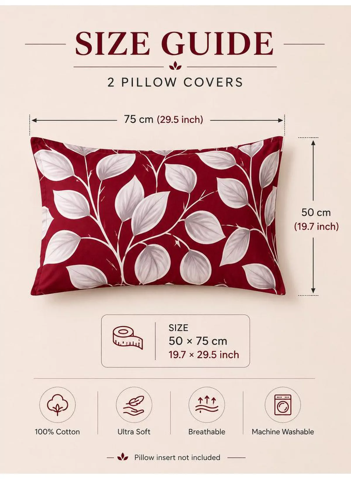 Set of 2 100% Cotton Printed Pillow Covers, Festive Red Honeycomb Leaf Design, 125 GSM Fabric, Soft & Breathable, Envelope Closure, Fade Resistant & Machine Washable – 50 x 75 cm-1-1