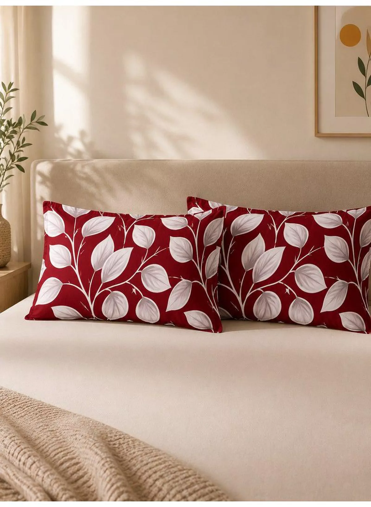 Set of 2 100% Cotton Printed Pillow Covers, Festive Red Honeycomb Leaf Design, 125 GSM Fabric, Soft & Breathable, Envelope Closure, Fade Resistant & Machine Washable – 50 x 75 cm-5-5