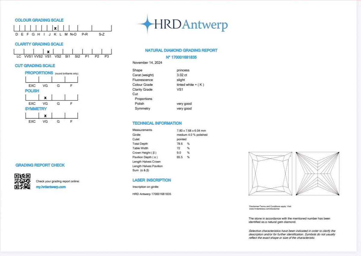 3.02 Carat Princess Cut Natural Diamond - HRD Antwerp Certified VS1 K Color-1-1