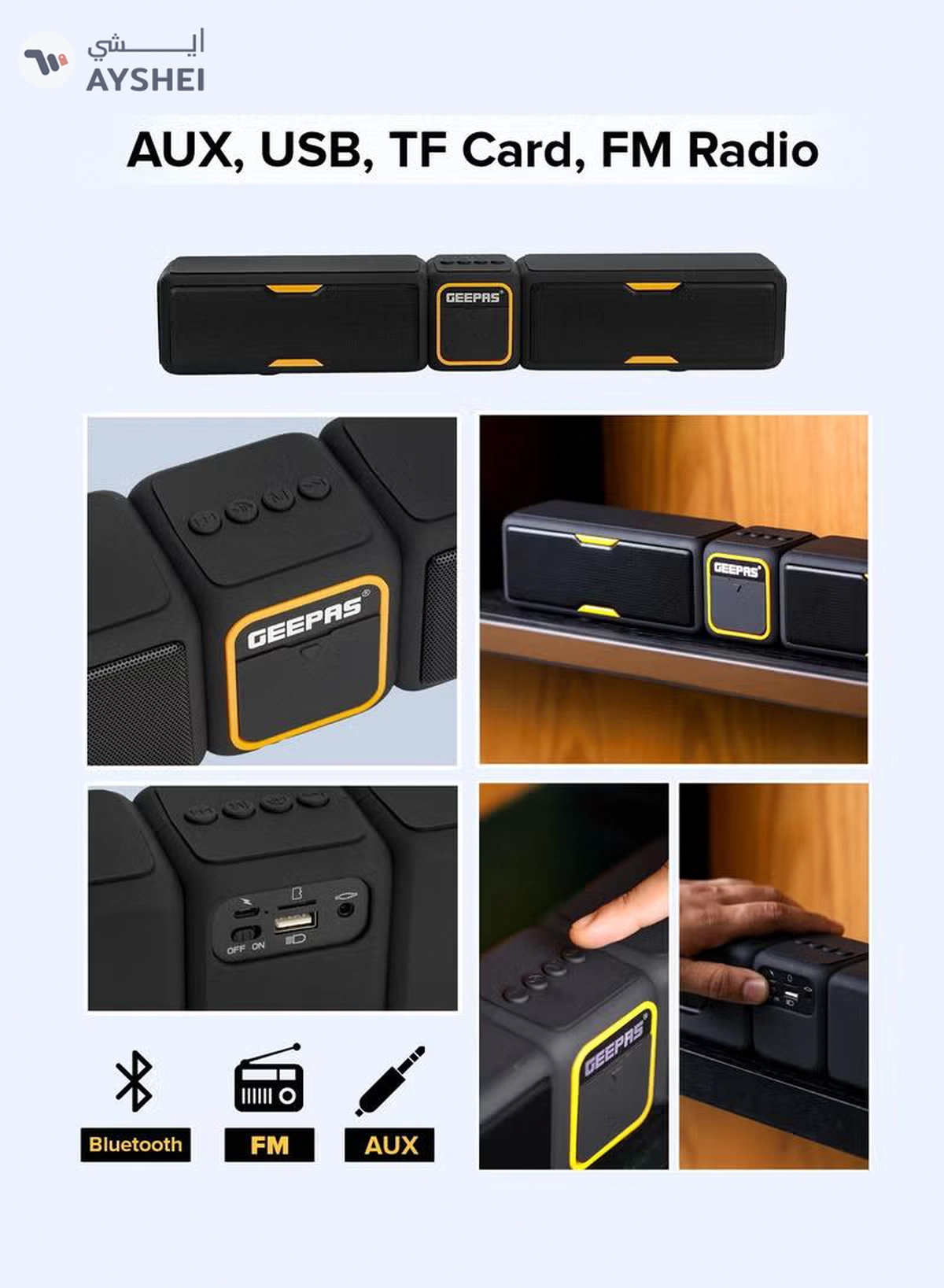 Geepas Bluetooth Speaker | with Hands-Free Calls | BT/USB/TF/FM/AUX |1500mAh Battery | Ideal for Parties, Movies, Playing Games | GMS11141UK Black-4-4