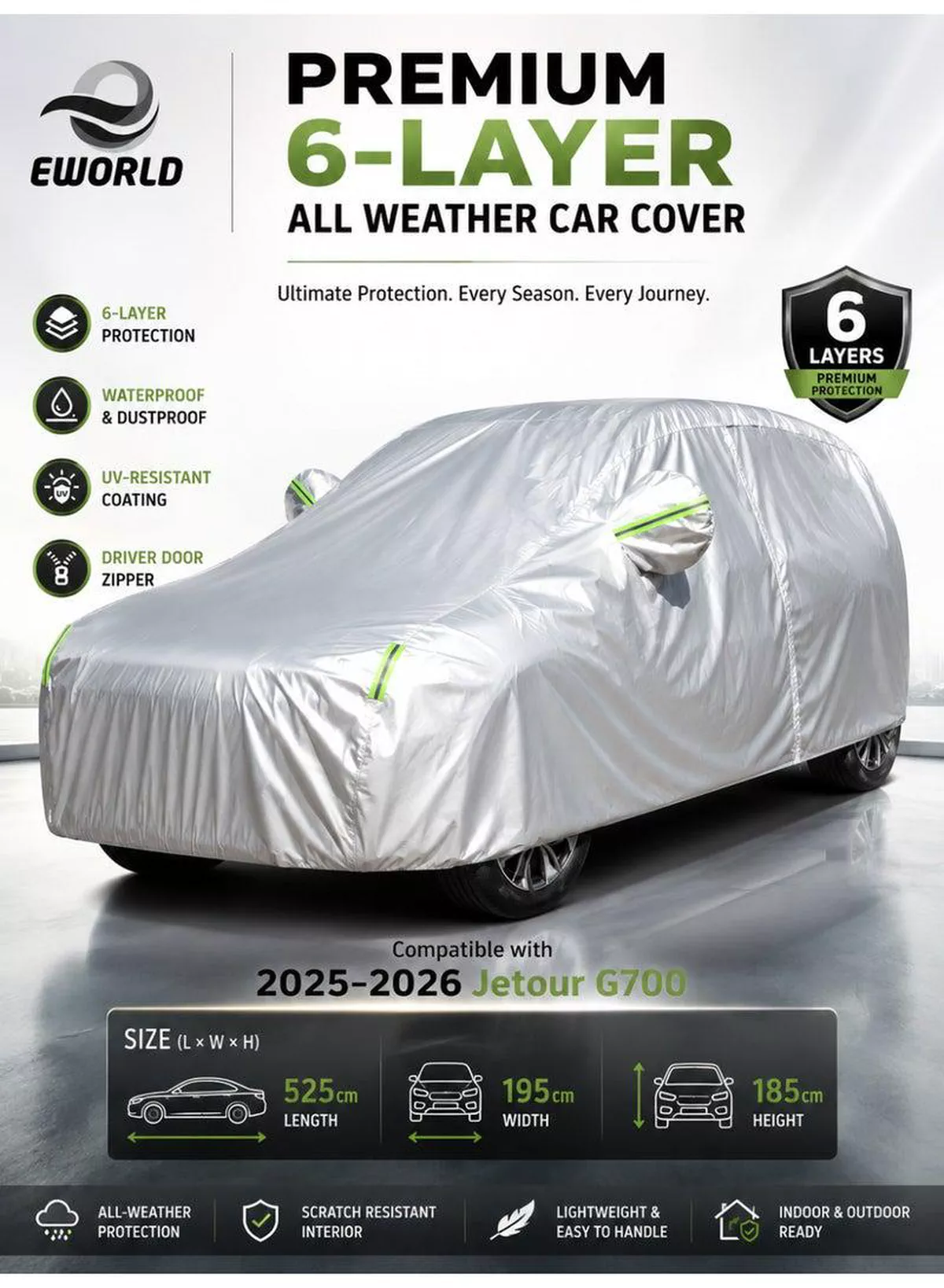 Jetour G700 Car Cover 2025–2026 – Waterproof 210D Oxford Cloth Full Car Cover | UV Protection | Windproof | Dustproof | Zipper Door | SUV All-Weather Cover