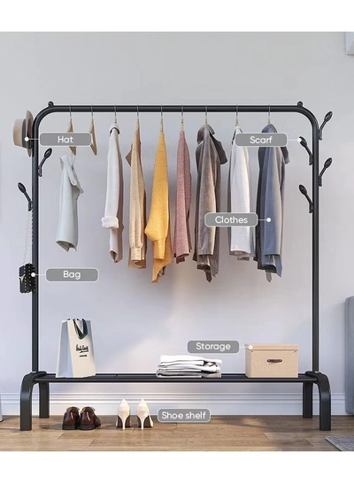 DubaiGallery Cloth rack cloth stand Clothes Hanger Stand Clothes Dryer Rail with 8pcs Branch Hook Bottom Storage 110cm Length Large Space for Shoes Clothes Jacket Umbrella Hats Scarf Handbags-0