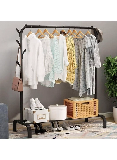 DubaiGallery Cloth rack cloth stand Clothes Hanger Stand Clothes Dryer Rail with 8pcs Branch Hook Bottom Storage 110cm Length Large Space for Shoes Clothes Jacket Umbrella Hats Scarf Handbags-2