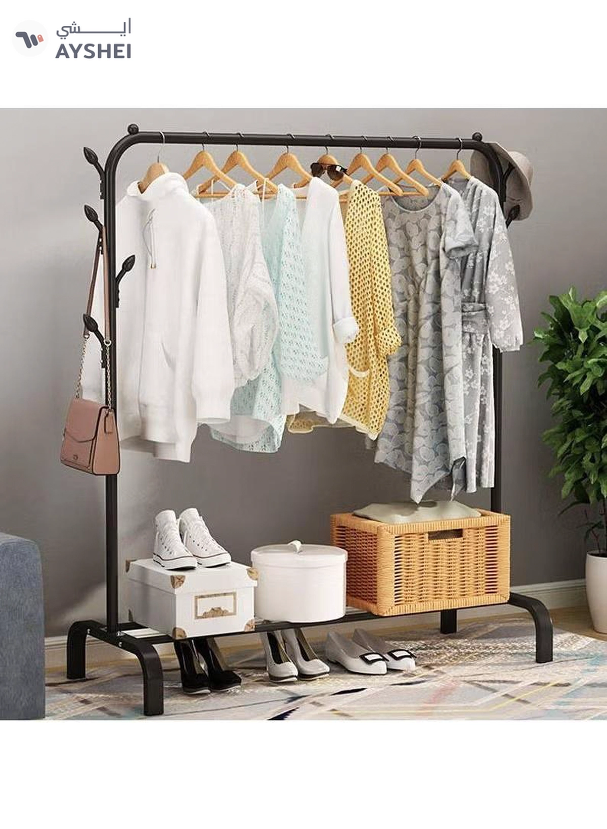 DubaiGallery Cloth rack cloth stand Clothes Hanger Stand Clothes Dryer Rail with 8pcs Branch Hook Bottom Storage 110cm Length Large Space for Shoes Clothes Jacket Umbrella Hats Scarf Handbags-2-2