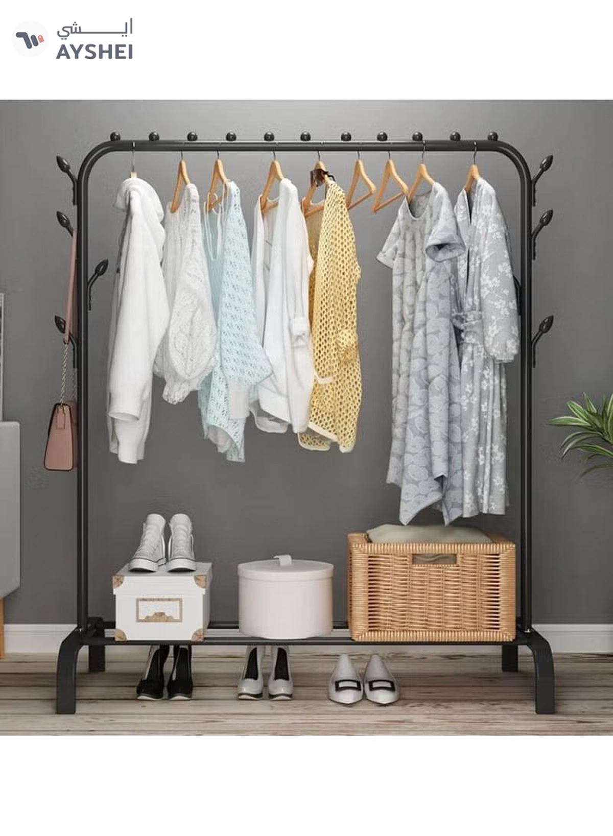 DubaiGallery Cloth rack cloth stand Clothes Hanger Stand Clothes Dryer Rail with 8pcs Branch Hook Bottom Storage 110cm Length Large Space for Shoes Clothes Jacket Umbrella Hats Scarf Handbags-1-1