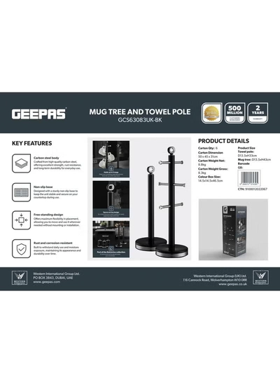 GEEPAS Mug Tree and Towel Pole - GCS63083UK-BK/ Holds 6 Mugs, Carbon Steel Body with Nonslip Base/ Perfect for keeping Paper Towels, Kitchen Rolls for Cooking and Cleaning-0