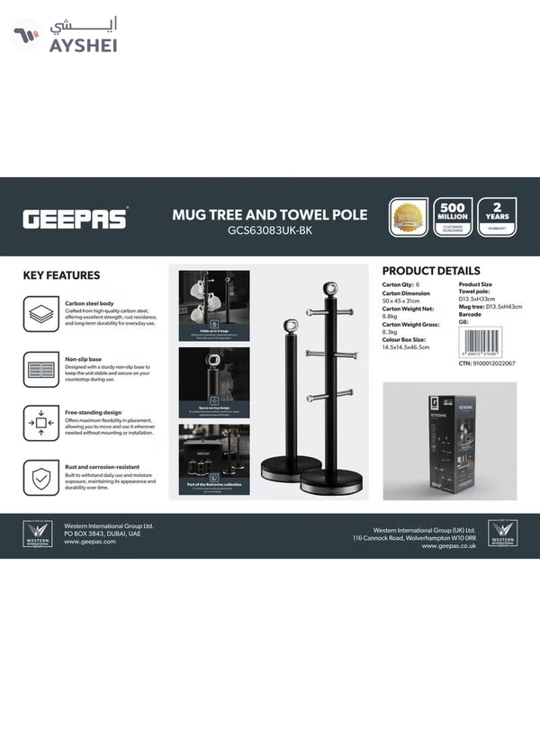 GEEPAS Mug Tree and Towel Pole - GCS63083UK-BK/ Holds 6 Mugs, Carbon Steel Body with Nonslip Base/ Perfect for keeping Paper Towels, Kitchen Rolls for Cooking and Cleaning
