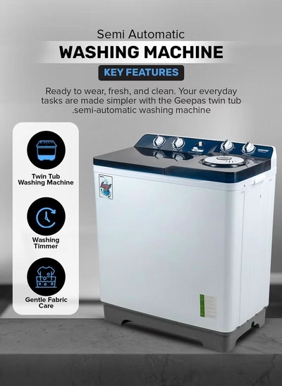 GEEPAS Twin Tub Semi-Automatic Washing Machine 13 Kg| 7Kg Spin Capacity Equipped with Strong Pulsator and Air Dry Spinning Function| Efficient Performance and Classic Design| Perfect for Home, Apartments | 1 Year Warranty 820 W GSWM18014N White/Blue 13 kg 820 W GSWM18014N White/Blue-1