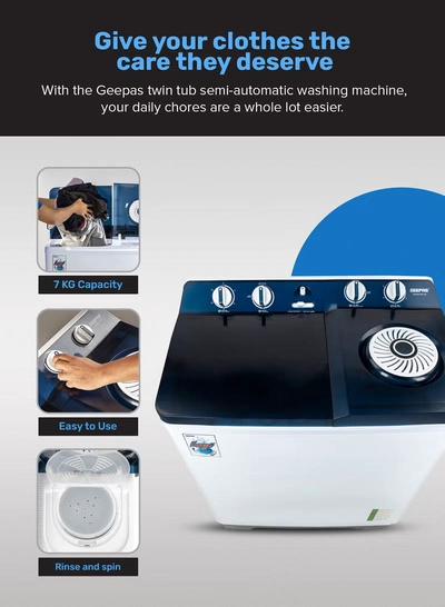 GEEPAS Twin Tub Semi-Automatic Washing Machine 13 Kg| 7Kg Spin Capacity Equipped with Strong Pulsator and Air Dry Spinning Function| Efficient Performance and Classic Design| Perfect for Home, Apartments | 1 Year Warranty 820 W GSWM18014N White/Blue 13 kg 820 W GSWM18014N White/Blue-3