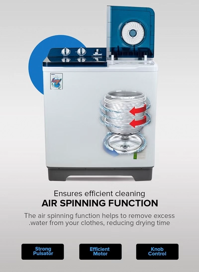 GEEPAS Twin Tub Semi-Automatic Washing Machine 13 Kg| 7Kg Spin Capacity Equipped with Strong Pulsator and Air Dry Spinning Function| Efficient Performance and Classic Design| Perfect for Home, Apartments | 1 Year Warranty 820 W GSWM18014N White/Blue 13 kg 820 W GSWM18014N White/Blue-4