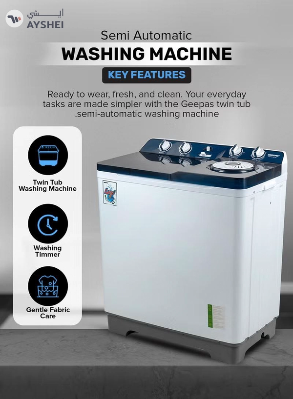 GEEPAS Twin Tub Semi-Automatic Washing Machine 13 Kg| 7Kg Spin Capacity Equipped with Strong Pulsator and Air Dry Spinning Function| Efficient Performance and Classic Design| Perfect for Home, Apartments | 1 Year Warranty 820 W GSWM18014N White/Blue 13 kg 820 W GSWM18014N White/Blue