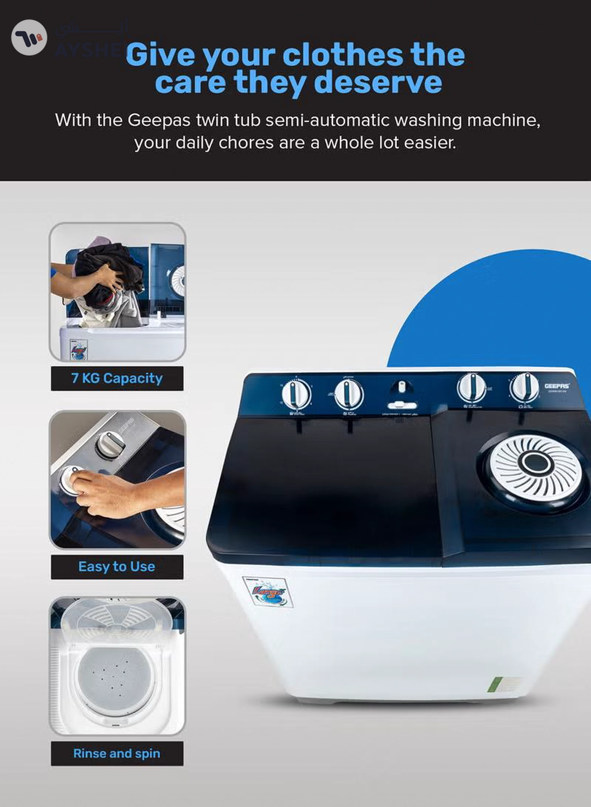 GEEPAS Twin Tub Semi-Automatic Washing Machine 13 Kg| 7Kg Spin Capacity Equipped with Strong Pulsator and Air Dry Spinning Function| Efficient Performance and Classic Design| Perfect for Home, Apartments | 1 Year Warranty 820 W GSWM18014N White/Blue 13 kg 820 W GSWM18014N White/Blue-3-3