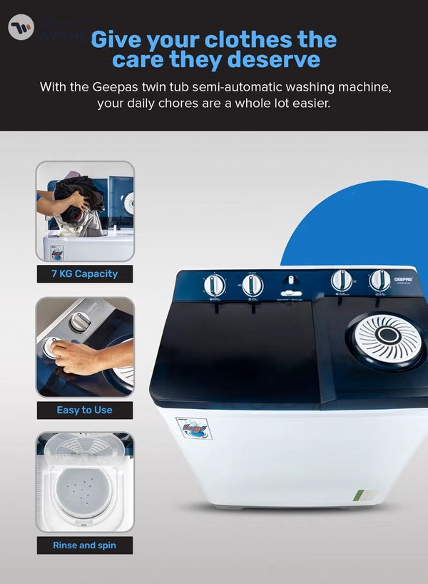 GEEPAS Twin Tub Semi-Automatic Washing Machine 13 Kg| 7Kg Spin Capacity Equipped with Strong Pulsator and Air Dry Spinning Function| Efficient Performance and Classic Design| Perfect for Home, Apartments | 1 Year Warranty 820 W GSWM18014N White/Blue 13 kg 820 W GSWM18014N White/Blue