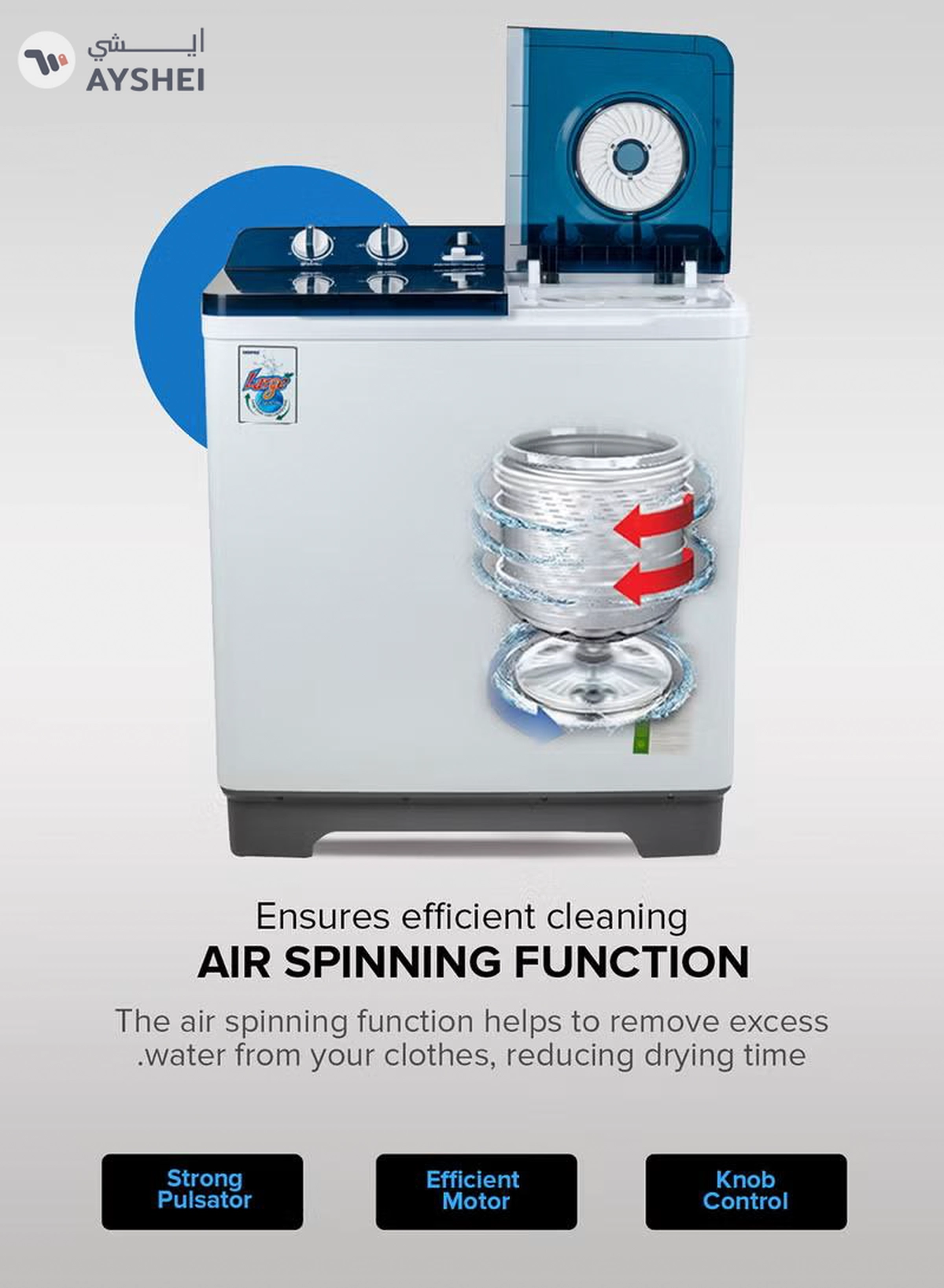 GEEPAS Twin Tub Semi-Automatic Washing Machine 13 Kg| 7Kg Spin Capacity Equipped with Strong Pulsator and Air Dry Spinning Function| Efficient Performance and Classic Design| Perfect for Home, Apartments | 1 Year Warranty 820 W GSWM18014N White/Blue 13 kg 820 W GSWM18014N White/Blue-4-4
