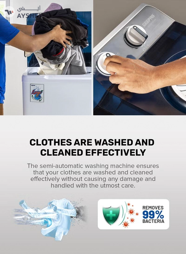 GEEPAS Twin Tub Semi-Automatic Washing Machine 13 Kg| 7Kg Spin Capacity Equipped with Strong Pulsator and Air Dry Spinning Function| Efficient Performance and Classic Design| Perfect for Home, Apartments | 1 Year Warranty 820 W GSWM18014N White/Blue 13 kg 820 W GSWM18014N White/Blue