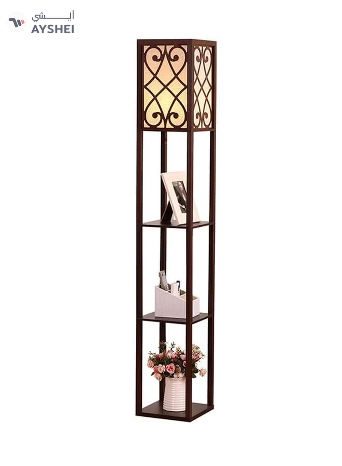 NKX Nordic Modern Bedroom Linen Cover Standing Floor Vertical Lamp With 9W Bulb With Shelves-1-1