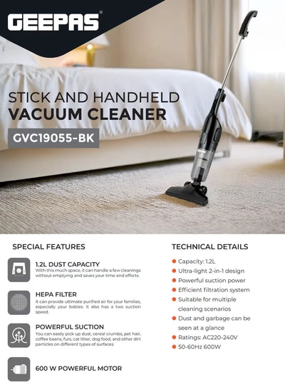 GEEPAS Stick And Handheld Vacuum Cleaner, HEPA Filter, 1.2L Dust Bag Capacity, 600W Powerful Motor, Transparent Dust Cup for Easy Check, Lightweight Body And Low Noise 1.2 L 600 W GVC19055-BK Black-2