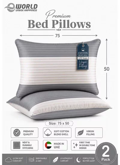 Pack of 2 Down Alternative Bed Pillows, 1250g Fill, Cotton Blend Cover, Hotel Quality, 50x75cm, Cream-Grey-0