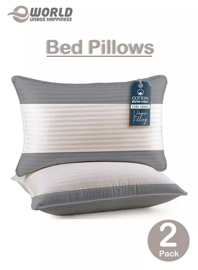 Pack of 2 Down Alternative Bed Pillows, 1250g Fill, Cotton Blend Cover, Hotel Quality, 50x75cm, Cream-Grey-2