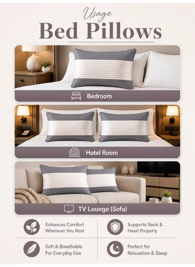 Pack of 2 Down Alternative Bed Pillows, 1250g Fill, Cotton Blend Cover, Hotel Quality, 50x75cm, Cream-Grey-3