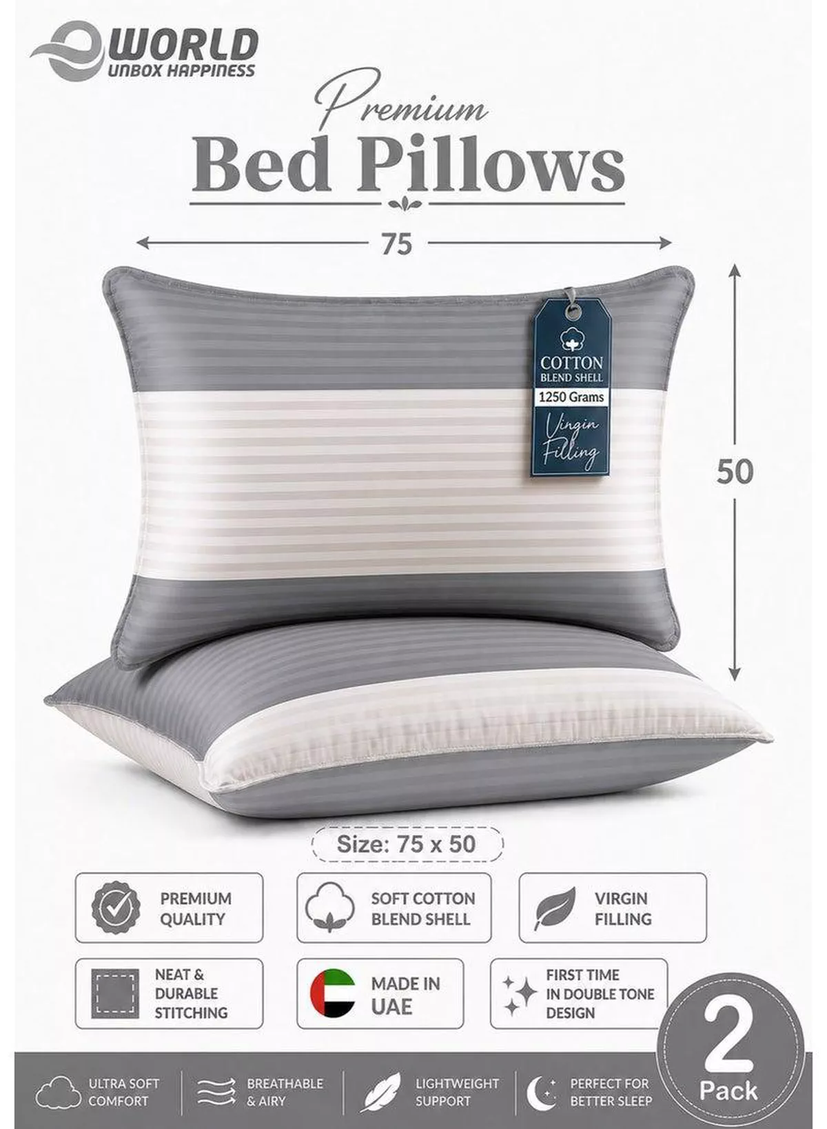Pack of 2 Down Alternative Bed Pillows, 1250g Fill, Cotton Blend Cover, Hotel Quality, 50x75cm, Cream-Grey