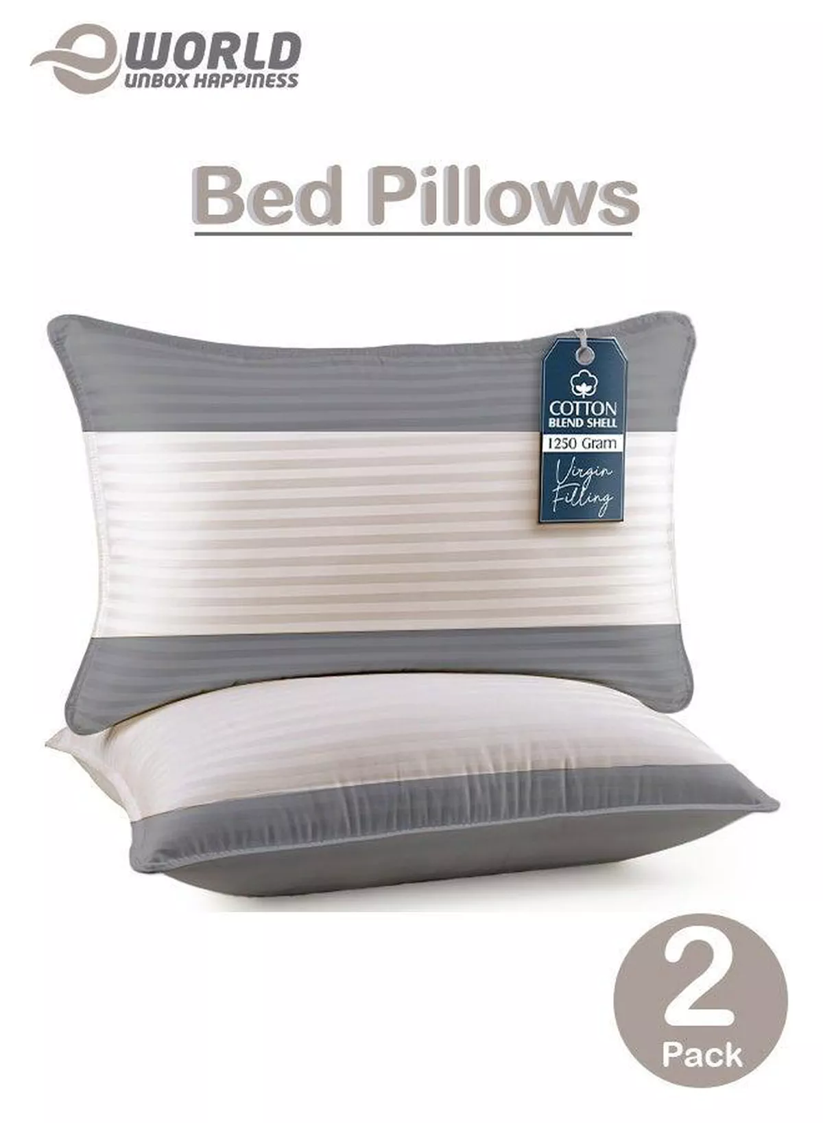 Pack of 2 Down Alternative Bed Pillows, 1250g Fill, Cotton Blend Cover, Hotel Quality, 50x75cm, Cream-Grey-2-2