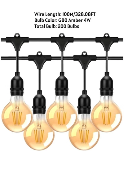 Yuwell Outdoor Waterproof IP65 Led String Lights E27 Holder 100 Meter Bulb Holder Wire With 200 Bulbs 4W G80 Amber With EU Plug Solar Bulb Holder For Ramadan Decoration Lights And Outdoor Decoration Light Hanging Light String Wire Ramadan Light For Commercial Patio Garden & Porch Yard-1