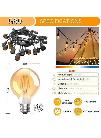 Yuwell Outdoor Waterproof IP65 Led String Lights E27 Holder 100 Meter Bulb Holder Wire With 200 Bulbs 4W G80 Amber With EU Plug Solar Bulb Holder For Ramadan Decoration Lights And Outdoor Decoration Light Hanging Light String Wire Ramadan Light For Commercial Patio Garden & Porch Yard-3