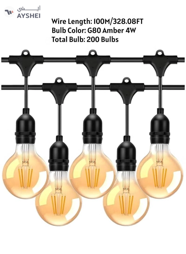 Yuwell Outdoor Waterproof IP65 Led String Lights E27 Holder 100 Meter Bulb Holder Wire With 200 Bulbs 4W G80 Amber With EU Plug Solar Bulb Holder For Ramadan Decoration Lights And Outdoor Decoration Light Hanging Light String Wire Ramadan Light For Commercial Patio Garden & Porch Yard