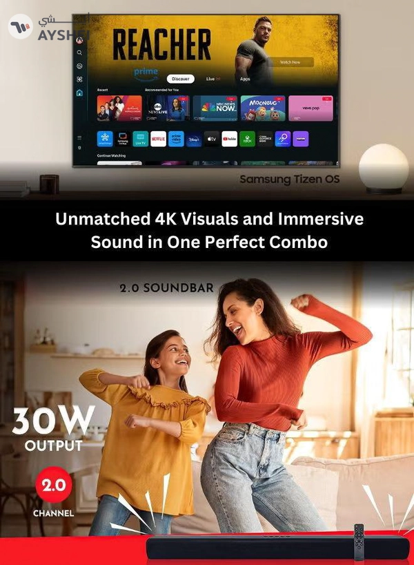 Samsung 50-Inch Crystal UHD DU7000 4K Tizen OS Smart TV with HDR 10+, PurColor, Knox Security With 2.0 Channel Soundbar 30W, HDMI ARC, Bluetooth, USB, MP3, FM Station 50DU7000+SOUNDBAR Black