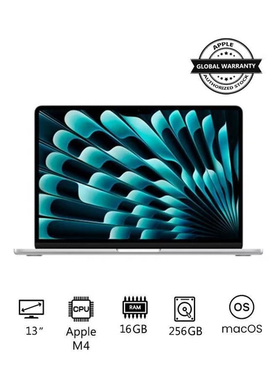 Apple New 2025 MacBook Air MW0W3 13-Inch Display, Apple M4 Chip 10-Core CPU 8-Core GPU Processor/16GB RAM/256GB SSD/macOS English/Arabic Silver-0