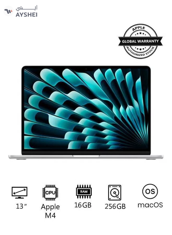 Apple New 2025 MacBook Air MW0W3 13-Inch Display, Apple M4 Chip 10-Core CPU 8-Core GPU Processor/16GB RAM/256GB SSD/macOS English/Arabic Silver