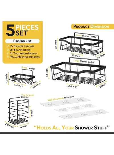 Eworld Shower Caddy Set of 5 – 2 Large Stainless Steel Racks with Hooks, 2 Soap Holders -1