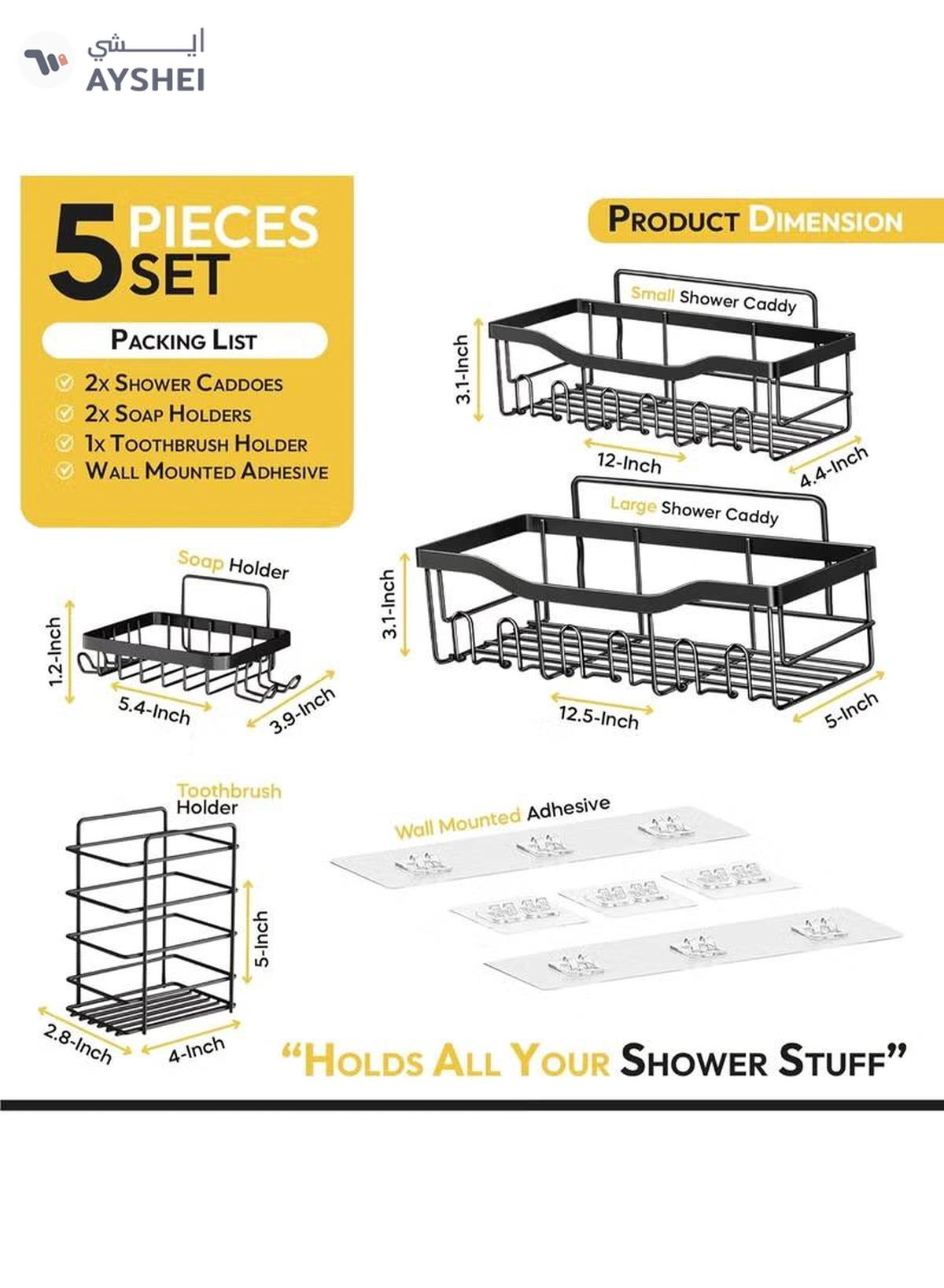Eworld Shower Caddy Set of 5 – 2 Large Stainless Steel Racks with Hooks, 2 Soap Holders -1-1