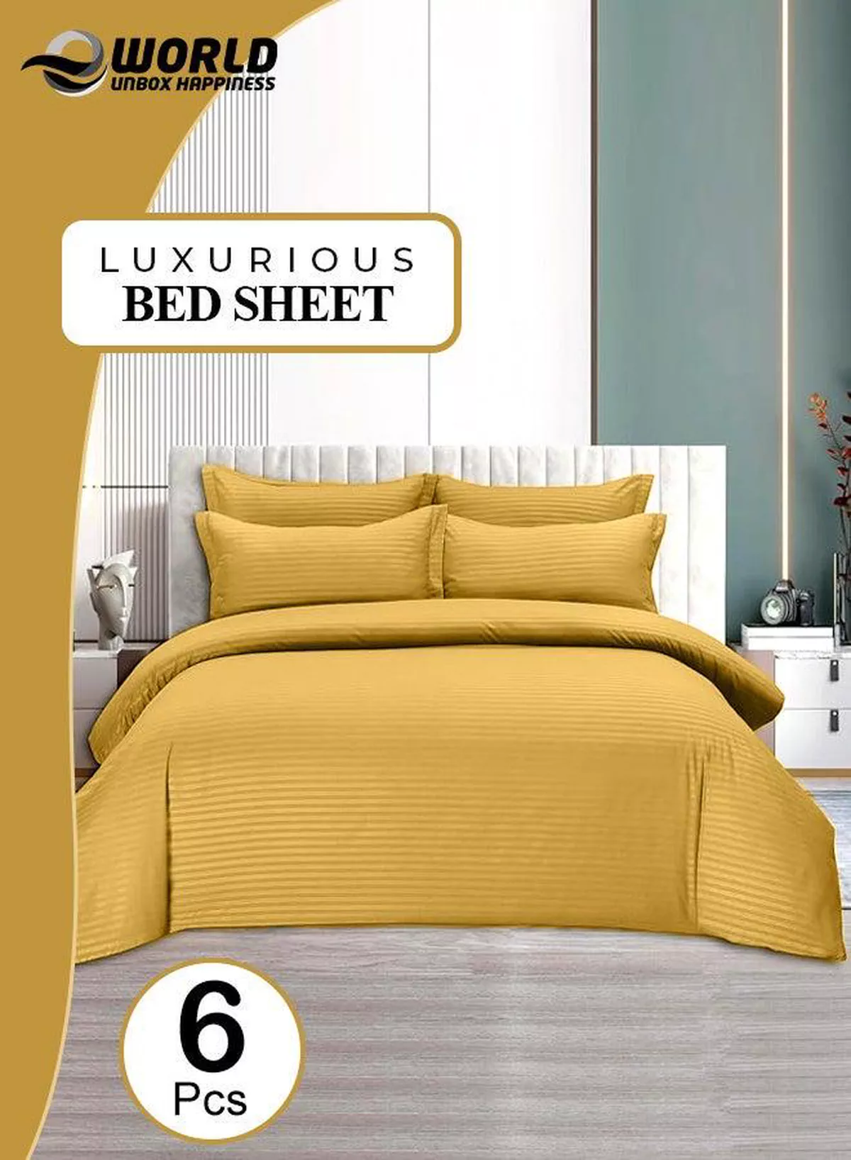 6-Piece Premium King Size Bedding Set, Gold Striped Design and High-Quality Microfiber Hotel Luxury Bedsheet Soft Quilt Cover and Pillowcases