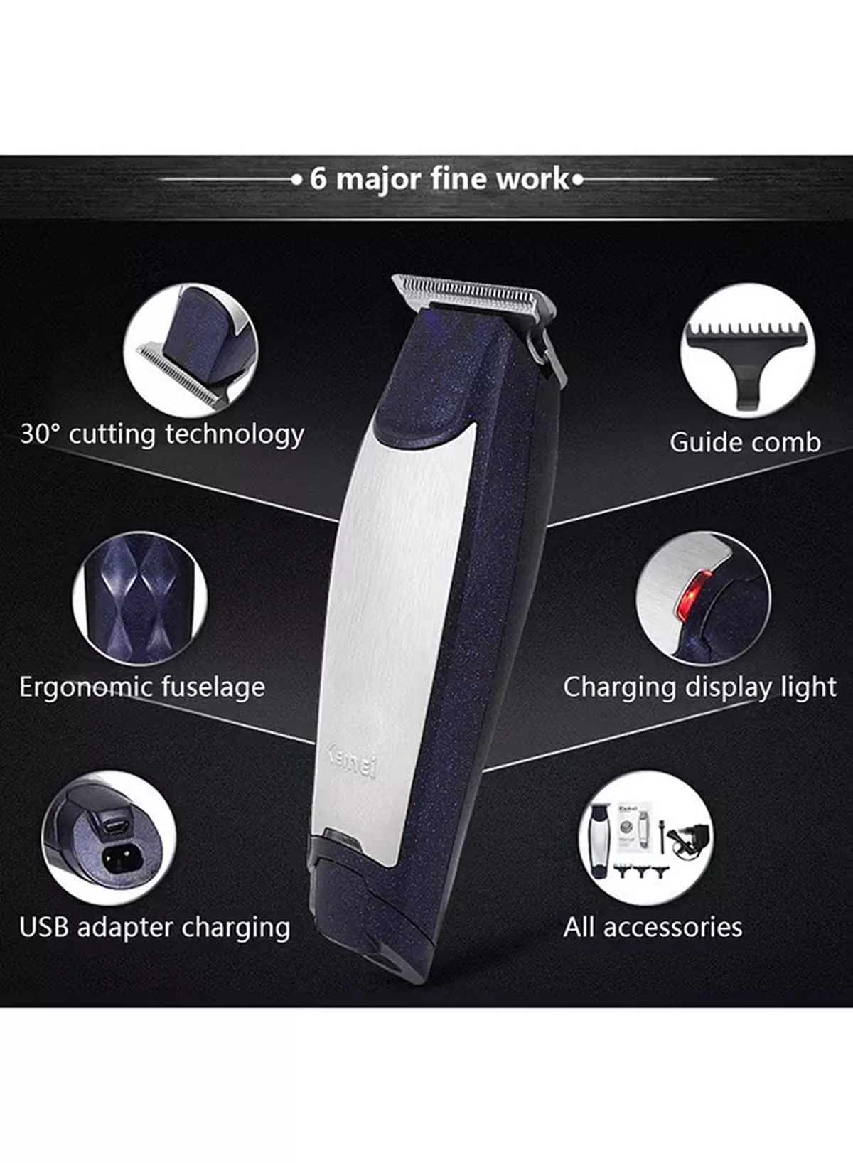 Kemei KM-5021 3 In 1 Rechargeable Trimmer & Clipper Blue/Silver 18.2 x 6 x 14cm-4-4