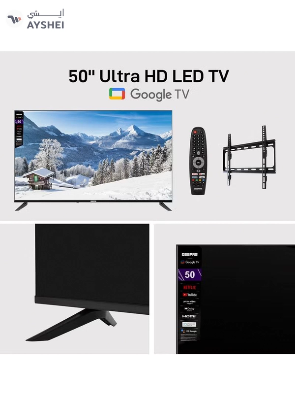 GEEPAS 50" Google TV- GLED5006SGXHD | Dolby Audio, Ultra HD LED TV, Built In Chromecast | With Remote Control, HDMI and USB Ports| Licensed Contents and Pre Installed Apps, Wi Fi and Screen Sharing