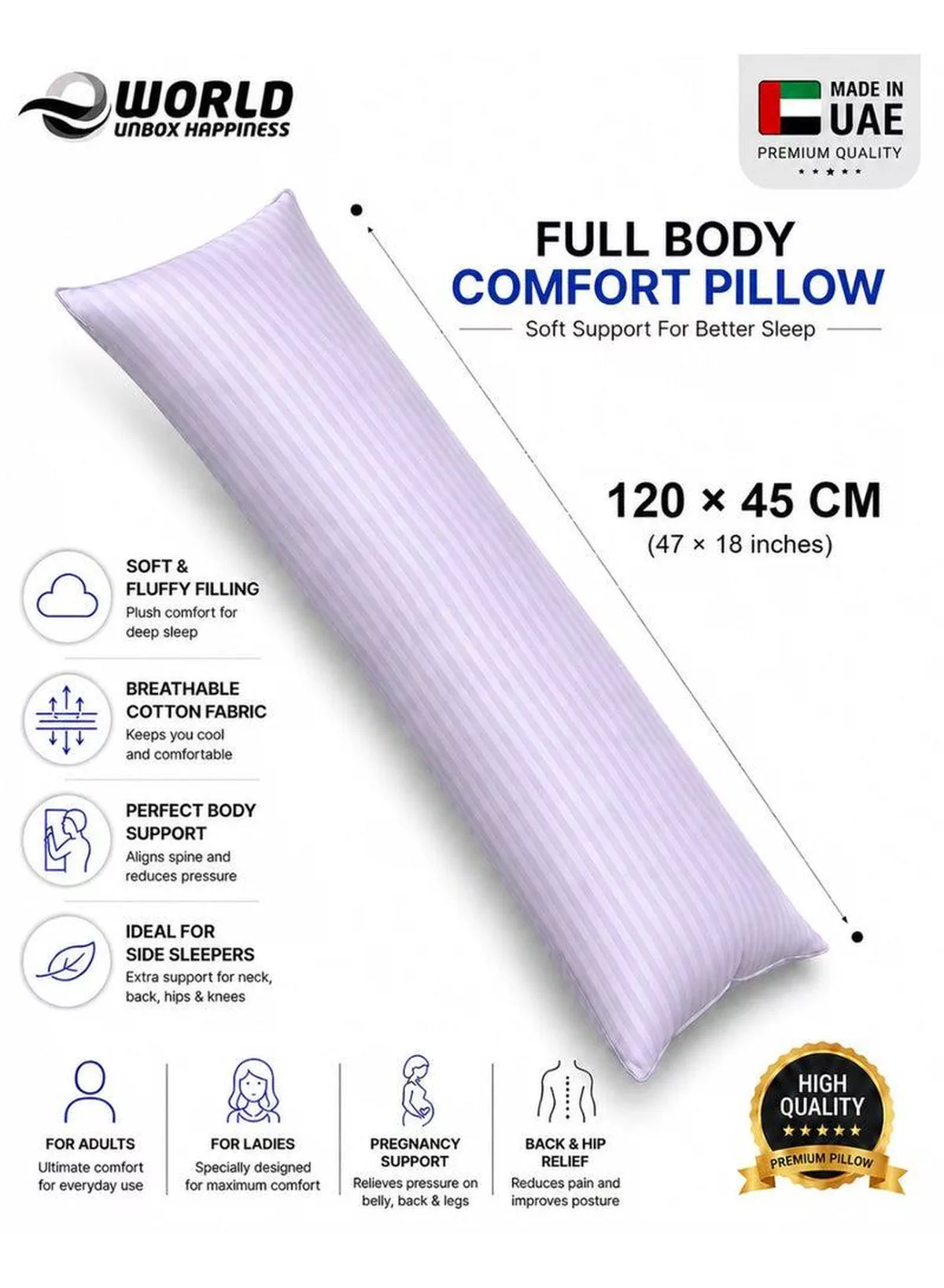 Premium Full Body Pillow for Adults, Ultra-Smooth Polyester Fiber, Breathable & Ideal for Side Sleepers, with Ultra-Soft Cotton Cover, Available in Multiple Colors, 120x45 cm