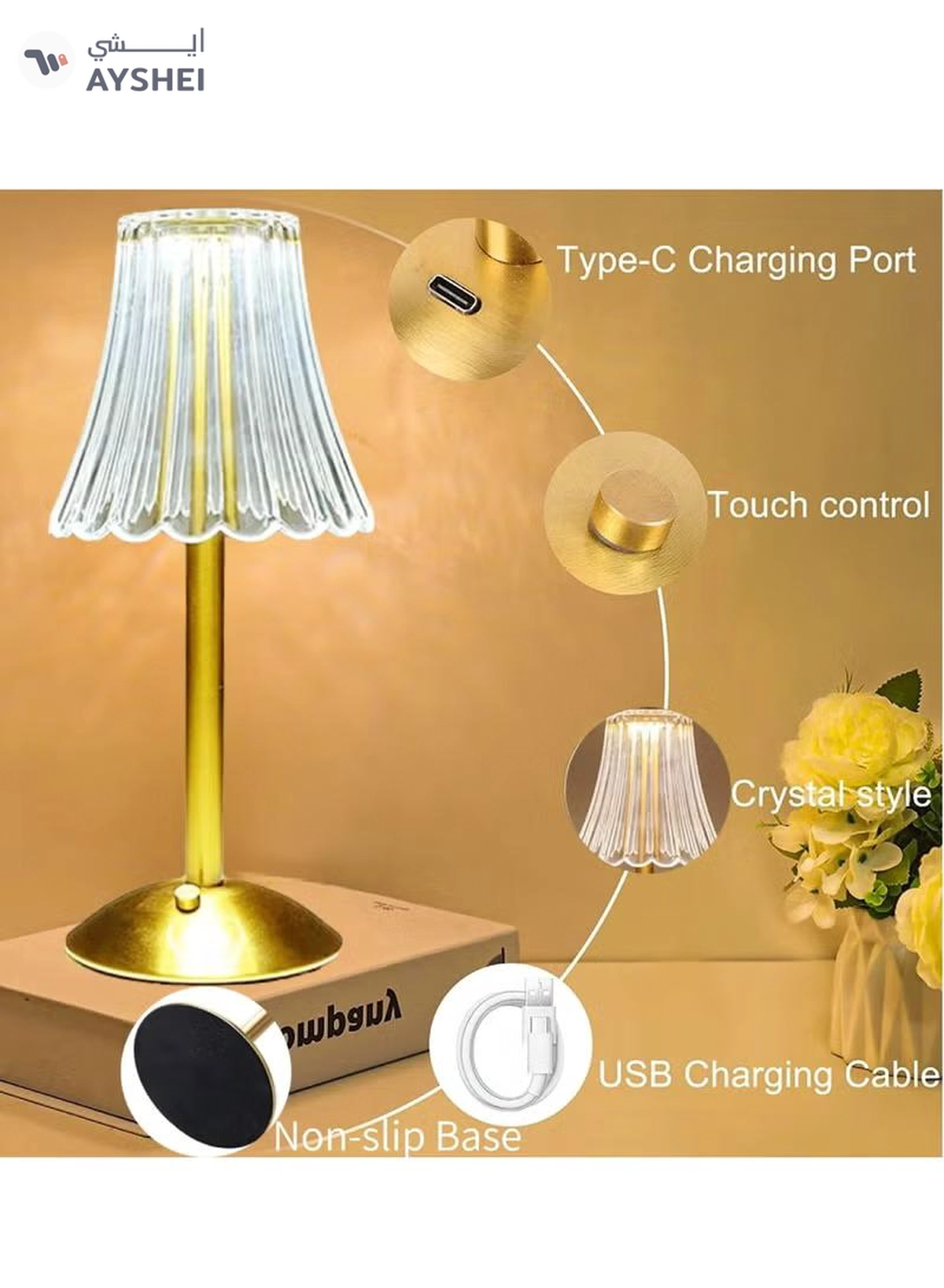 Yuwell Crystal Table Lamp Acrylic Touch Lamp Portable Led Table Lamp With 3 Light Color Modes With Touch Sensor 3-Levels Brightness Desk Lamp For Room Party And Restaurant Decor-1-1