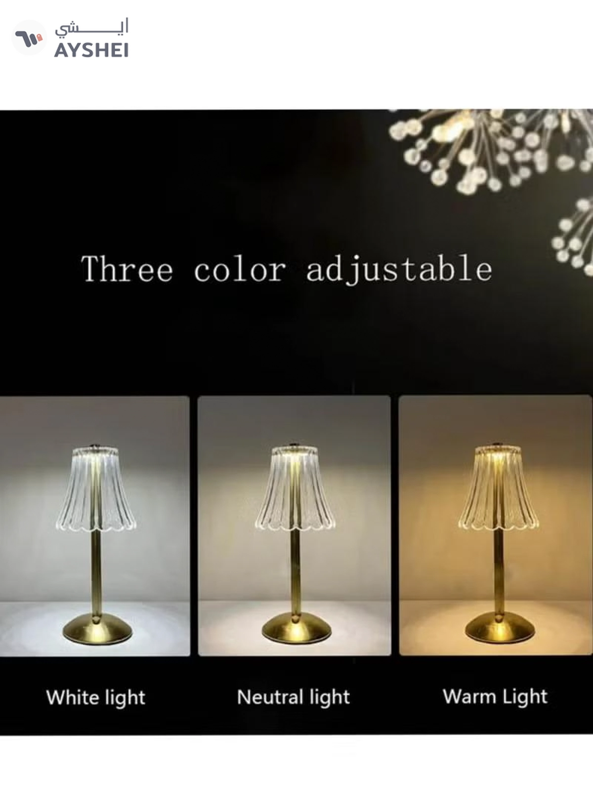 Yuwell Crystal Table Lamp Acrylic Touch Lamp Portable Led Table Lamp With 3 Light Color Modes With Touch Sensor 3-Levels Brightness Desk Lamp For Room Party And Restaurant Decor-3-3