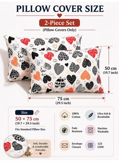 Set of 2 100% Cotton Printed Pillow Covers, Geometric Heart Pattern, 125 GSM Fabric, Soft & Breathable, Envelope Closure, Fade Resistant & Machine Washable – 50 x 75 cm-1